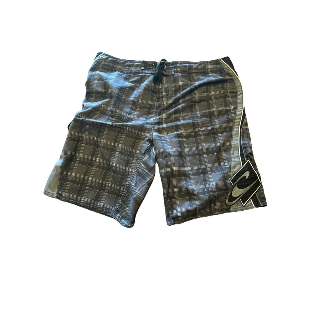VTG O'Neill Board Shorts Men's Black Plaid Embroidered Spell Out 90s‎ Y2K Surf
